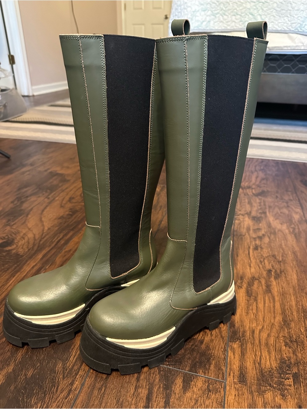 ALOHAS Olive Green & Black Knee-High Platform Chelsea Boots - Picture 2 of 4